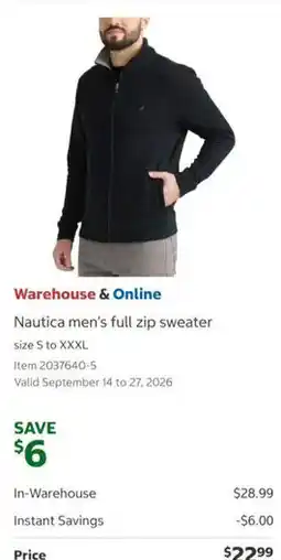 Costco Nautica men's full zip sweater offer