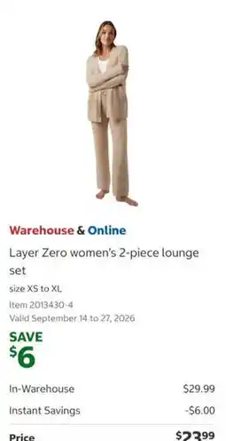 Costco Warehouse & Online Layer Zero women's 2-piece lounge set offer