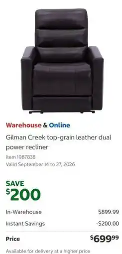 Costco Warehouse & Online Gilman Creek top-grain leather dual power recliner offer