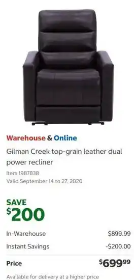 Warehouse & Online Gilman Creek top-grain leather dual power recliner