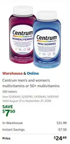 Costco Centrum men's and women's multivitamins offer