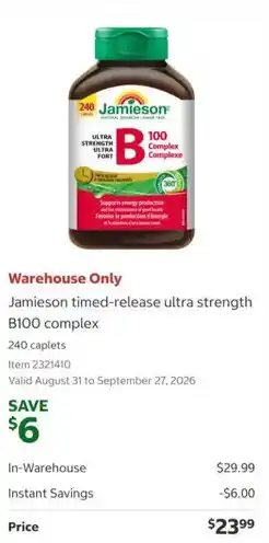 Costco Jamieson timed-release ultra strength B100 complex offer