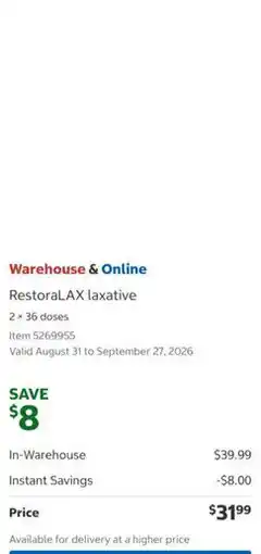 Costco RestoraLAX laxative offer