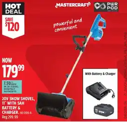 Canadian Tire Mastercraft 20V snow shovel, 11" with 5AH battery & charger offer