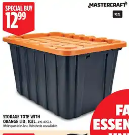Canadian Tire Mastercraft storage tote with orange lid offer