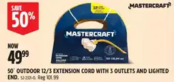 Canadian Tire Mastercraft 50' outdoor 12/3 extension cord with 3 outlets and lighted end offer