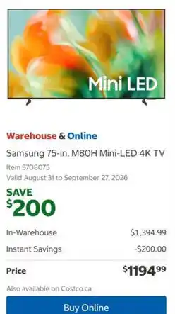 Costco Samsung 75-in. M80H Mini-LED 4K TV offer