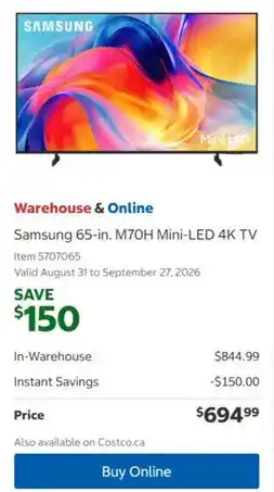 Costco Samsung 65-in. M70H Mini-LED 4K TV offer