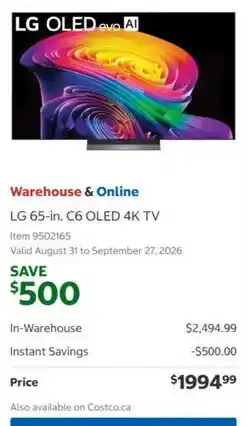 Costco LG 65-in. C6 OLED 4K TV offer