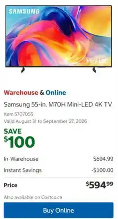 Costco Samsung 55-in. M70H Mini-LED 4K TV offer