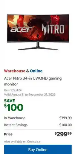 Costco Acer Nitro 34-in UWQHD gaming monitor offer