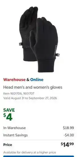 Costco Head men's and women's gloves offer