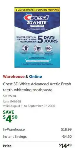 Costco Crest 3D White Advanced Arctic Fresh teeth-whitening toothpaste offer