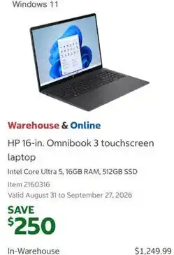 Costco Hp 16-in. omnibook 3 touchscreen laptop offer