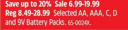 Canadian Tire Selected AA, AAA, C, D and 9V Battery Packs offer