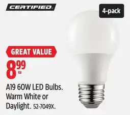 Canadian Tire CERTIFIED A19 60W LED Bulbs offer
