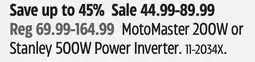 Canadian Tire MotoMaster 200W or Stanley 500W Power Inverter offer