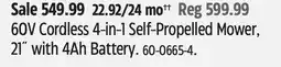 Canadian Tire 60V Cordless 4-in-1 Self-Propelled Mower, 21˝ with 4Ah Battery offer