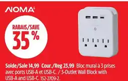 Canadian Tire NOMA 3-Outlet Wall Block with USB-A and USB-C offer