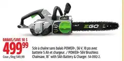 Canadian Tire EGO POWER+ 56V Brushless Chainsaw, 18 with 5Ah Battery & Charger offer