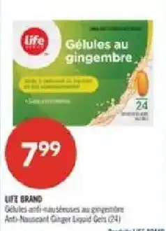 Pharmaprix Life Brand anti-nausea ginger liquid gels offer
