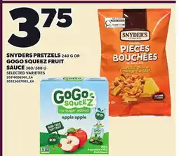 Loblaws SNYDERS PRETZELS, 240 G OR GOGO SQUEEZ FRUIT SAUCE, 360/388 G offer