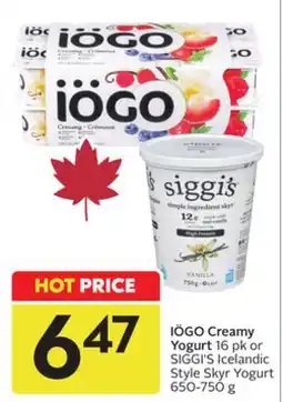 Sobeys IÖGO Creamy Yogurt 16 pk or SIGGI'S Icelandic Style Skyr Yogurt offer