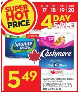 Sobeys CASHMERE Bathroom Tissue 12=24 or 8=24 rolls, SPONGE TOWELS 3=6 rolls, SCOTTIES Facial Tissue offer