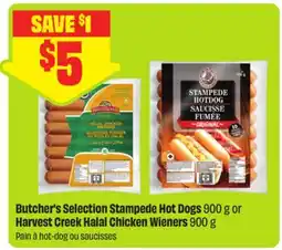 FreshCo Butcher's Selection Stampede Hot Dogs 900 g or Harvest Creek Halal Chicken Wieners offer