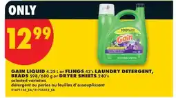 No Frills GAIN LIQUID, 4.25 L or FLINGS, 42's LAUNDRY DETERGENT BEADS, 598/680 g or DRYER SHEETS, 240's offer