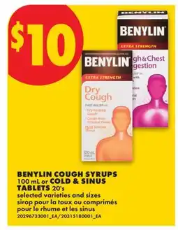 No Frills BENYLIN COUGH SYRUPS 100 ml or COLD & SINUS TABLETS 20's offer