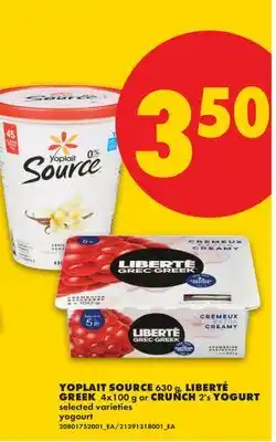 No Frills YOPLAIT SOURCE, 630 g, LIBERTÉ GREEK, 4x100 g or CRUNCH, 2's YOGURT offer