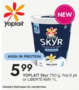 Sobeys Skyr 750 g, Yop 6 pk or Kéfir 1 L offer
