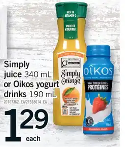Fortinos SIMPLY JUICE, 340 ML OR OIKOS YOGURT DRINKS, 190 ML offer