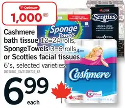 Fortinos CASHMERE BATH TISSUE 12=24 ROLLS, SPONGETOWELS 3=6 ROLLS OR SCOTTIES FACIAL TISSUES 6'S offer