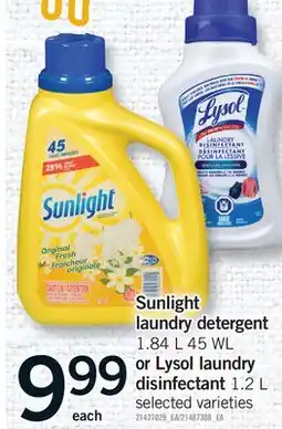 Fortinos SUNLIGHT LAUNDRY DETERGENT, 1.84 L 45 WL OR LYSOL LAUNDRY DISINFECTANT, 1.2 L offer