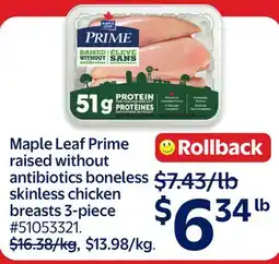 Walmart Maple Leaf Prime raised without antibiotics boneless skinless chicken breasts 3-piece offer