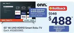 Walmart onn. 65" 4k uhd hdr10 smart roku tv offer