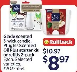 Walmart Glade scented 3-wick candle, Plugins Scented Oil Plus starter kit or refills 2-pack offer