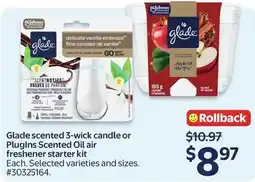 Walmart Glade scented 3-wick candle or Plugins Scented Oil air freshener starter kit offer
