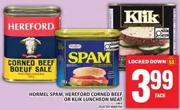 Food Basics Hormel spam, hereford corned beef or klik luncheon meat offer