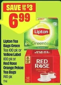 FreshCo Lipton tea bags green tea 100 pk or yellow label 100 pk or red rose orange pekoe tea bags 140 pk offer