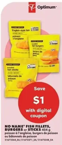 No Frills No Name fish fillets, burgers or sticks offer