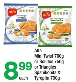 Highland Farms Alfa Mini Twist 700g or Rollitos 750g or Triangles Spanikopita & Tyropita offer
