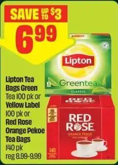 FreshCo Lipton Tea Bags Green Tea 100 pk or Yellow Label 100 pk or Red Rose Orange Pekoe Tea Bags 140 pk offer