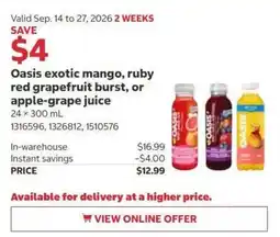 Costco Oasis exotic mango ruby red grapefruit burst or apple-grape juice offer