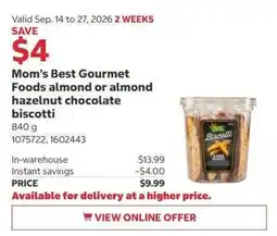 Costco Mom's Best Gourmet Foods almond or almond hazelnut chocolate biscotti offer