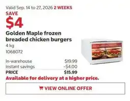 Costco Golden Maple frozen breaded chicken burgers offer