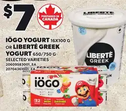 Loblaws IÖGO YOGURT, 16X100 G OR LIBERTÉ GREEK YOGURT, 650/750 G offer
