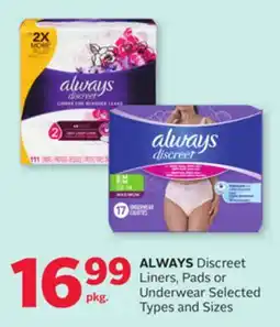 Rexall ALWAYS Discreet Liners, Pads or Underwear offer